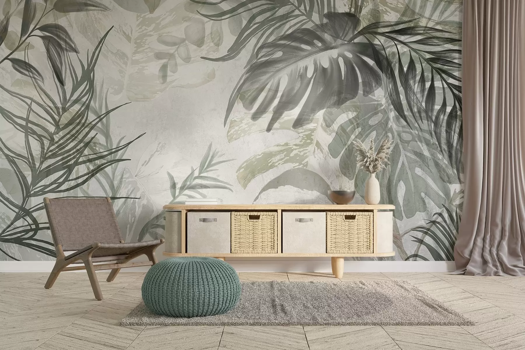 Fototapete Monstera und Palmenblätter in Grün- und Grautönen, botanisch, tropisches Laub, Dschungelpflanzen, strukturierter Hintergrund w09011
