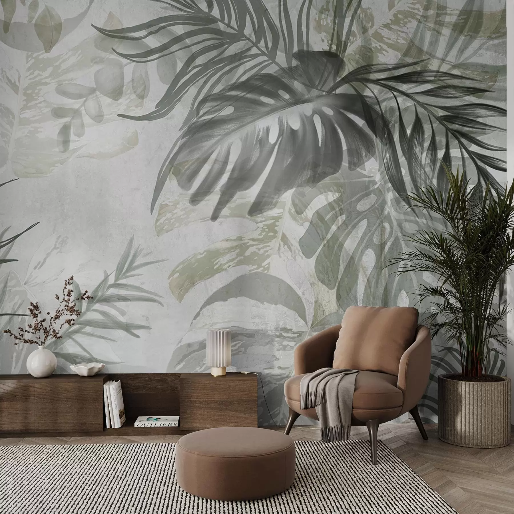 Fototapete Monstera und Palmenblätter in Grün- und Grautönen, botanisch, tropisches Laub, Dschungelpflanzen, strukturierter Hintergrund w09011