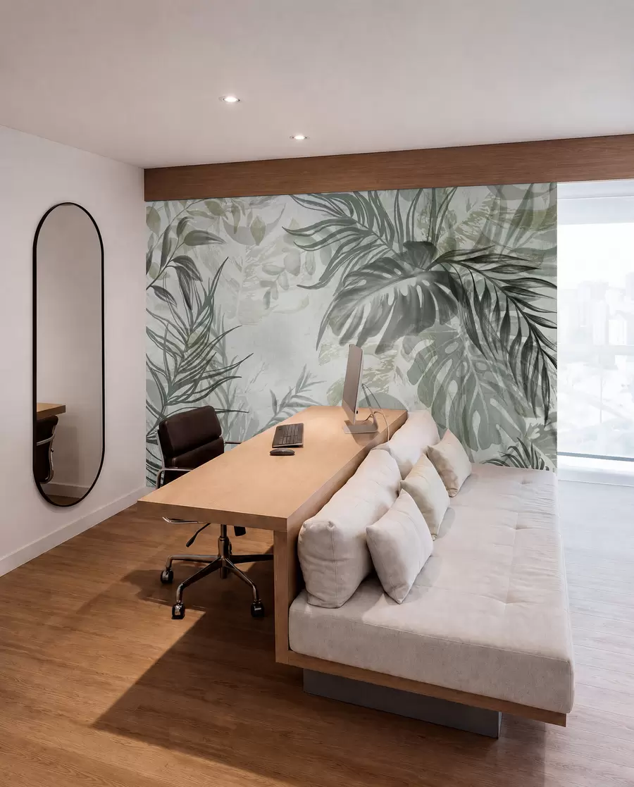 Fototapete Monstera und Palmenblätter in Grün- und Grautönen, botanisch, tropisches Laub, Dschungelpflanzen, strukturierter Hintergrund w09011