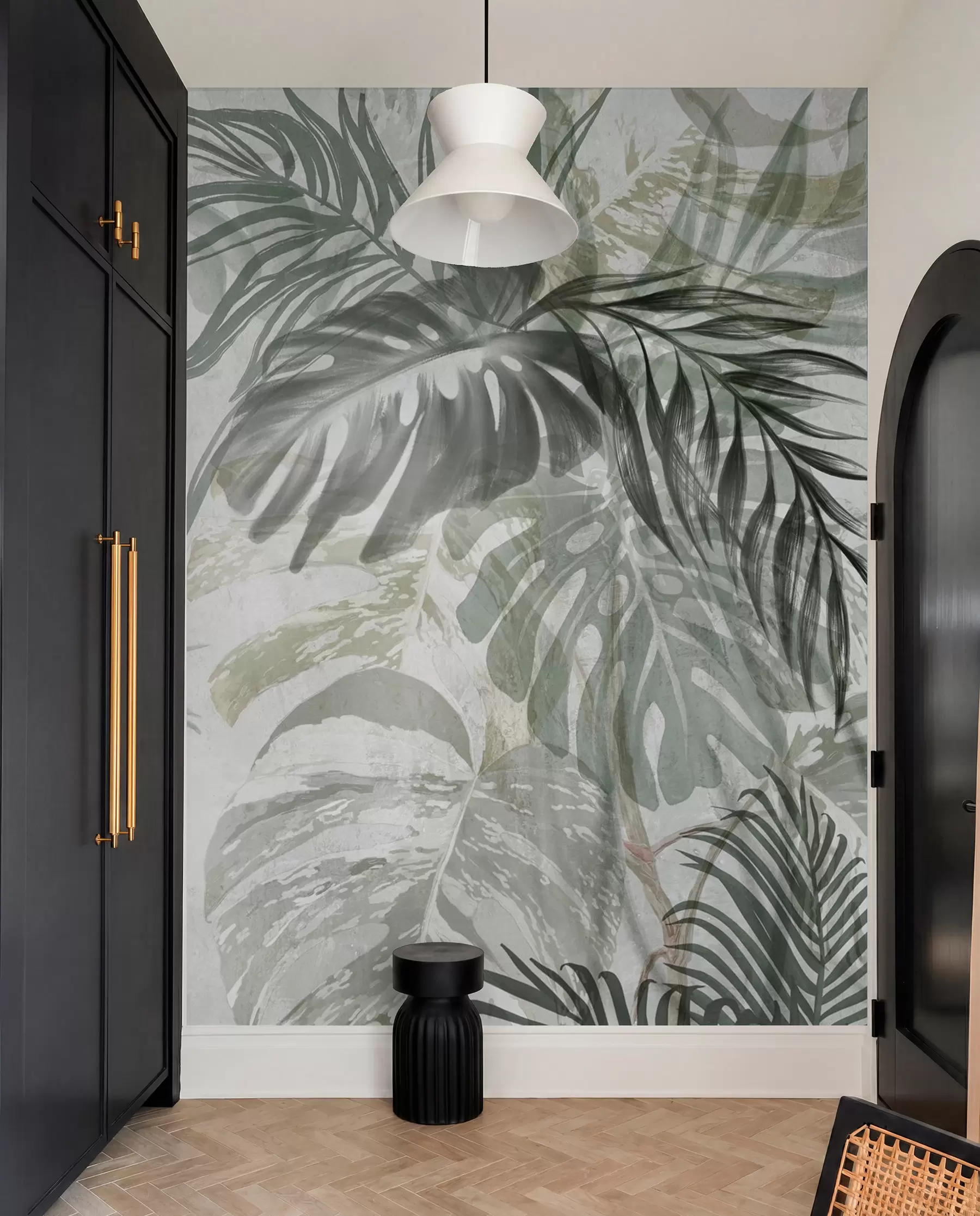 Fototapete Monstera und Palmenblätter in Grün- und Grautönen, botanisch, tropisches Laub, Dschungelpflanzen, strukturierter Hintergrund w09011