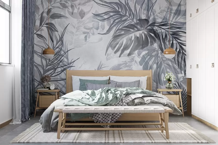 Fototapete Monstera und Palmenblätter in Blau- und Grautönen, botanisch, tropisches Laub, Dschungelpflanzen, strukturierter Hintergrund w09011v1