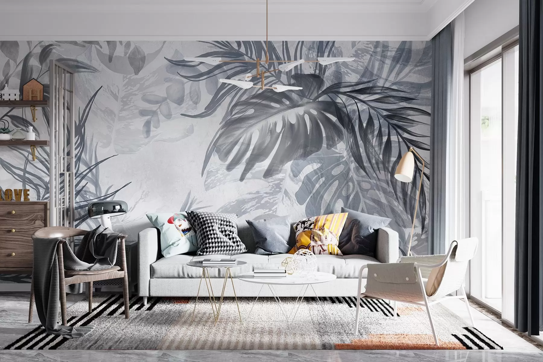 Fototapete Monstera und Palmenblätter in Blau- und Grautönen, botanisch, tropisches Laub, Dschungelpflanzen, strukturierter Hintergrund w09011v1