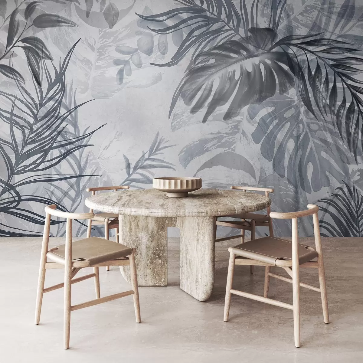 Fototapete Monstera und Palmenblätter in Blau- und Grautönen, botanisch, tropisches Laub, Dschungelpflanzen, strukturierter Hintergrund w09011v1