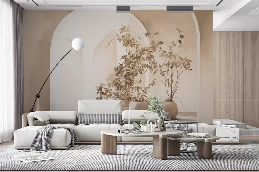 Fototapete Pflanzen in Töpfen mit Beigetönen vor abstrakten Bögen, minimalistischer Stil, elegant und sauber, neutraler Hintergrund w09013