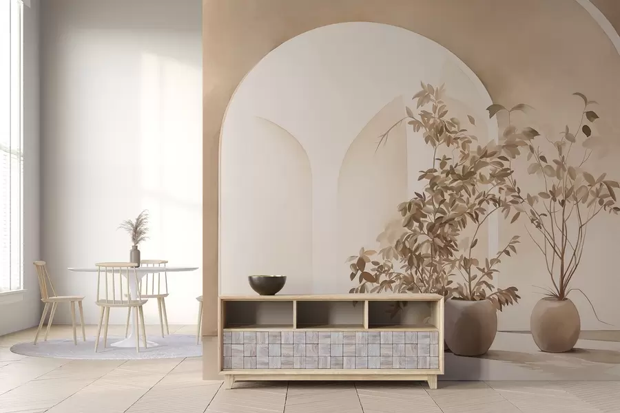 Fototapete Pflanzen in Töpfen mit Beigetönen vor abstrakten Bögen, minimalistischer Stil, elegant und sauber, neutraler Hintergrund w09013