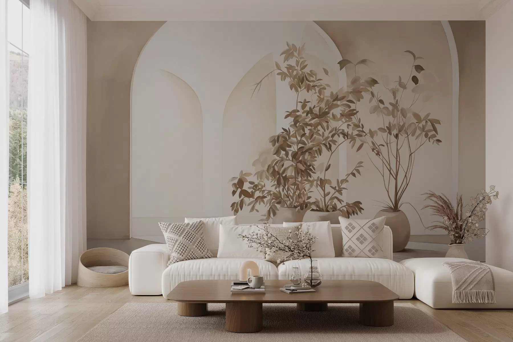 Fototapete Pflanzen in Töpfen mit Beigetönen vor abstrakten Bögen, minimalistischer Stil, elegant und sauber, neutraler Hintergrund w09013