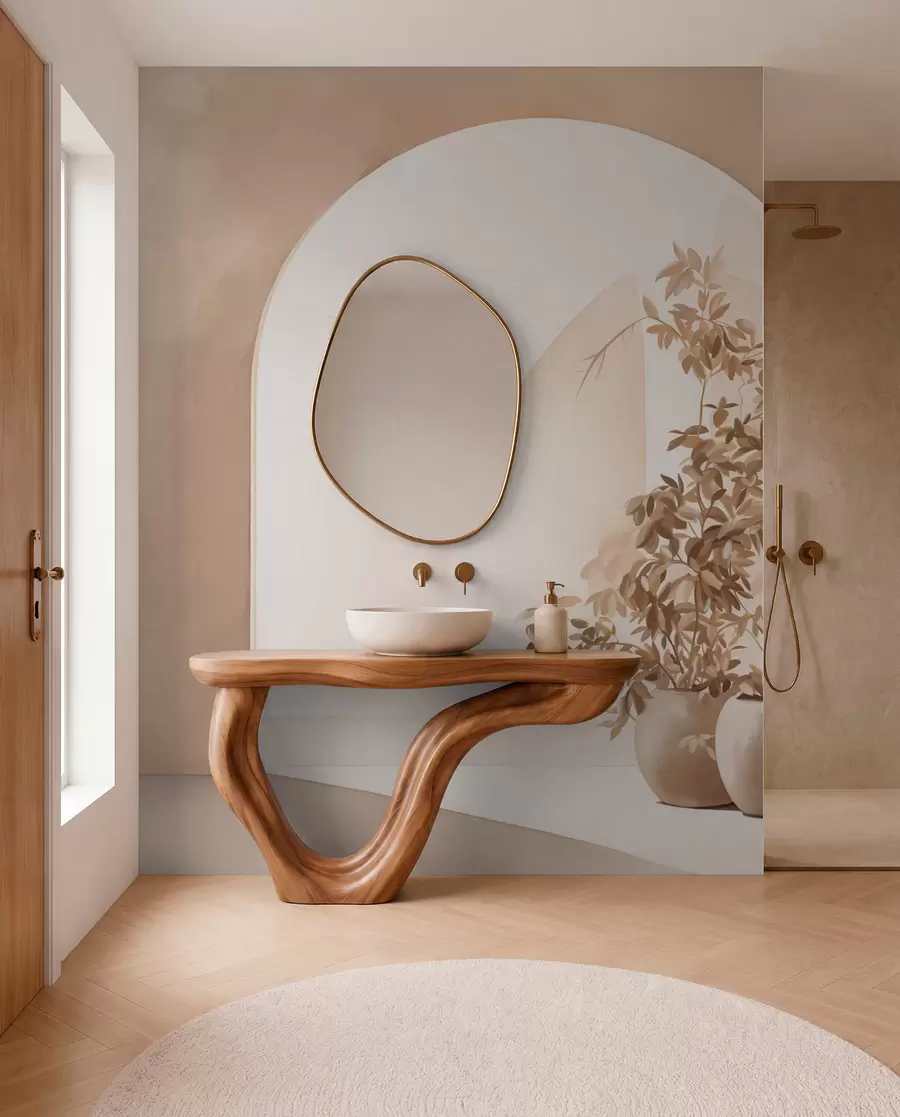 Fototapete Pflanzen in Töpfen mit Beigetönen vor abstrakten Bögen, minimalistischer Stil, elegant und sauber, neutraler Hintergrund w09013
