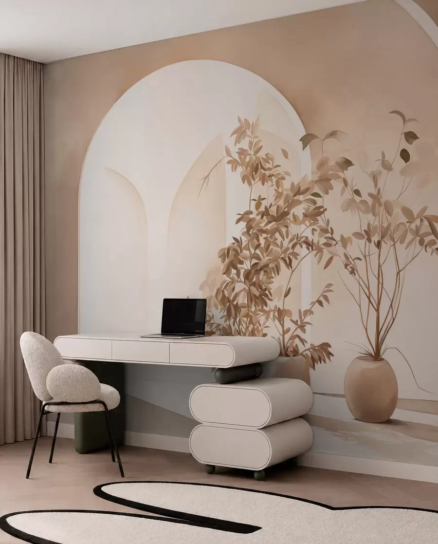 Fototapete Pflanzen in Töpfen mit Beigetönen vor abstrakten Bögen, minimalistischer Stil, elegant und sauber, neutraler Hintergrund w09013
