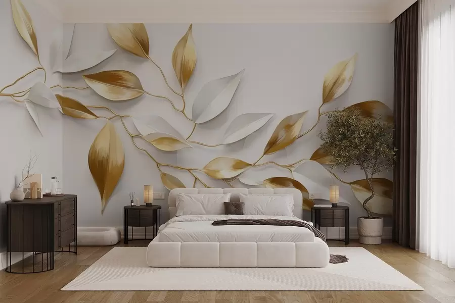 Fototapete Gelbe und weiße Blätter auf einem Zweig, elegantes Design, weißer Hintergrund, minimalistischer Stil, dekorative Kunst, naturinspiriert w09015