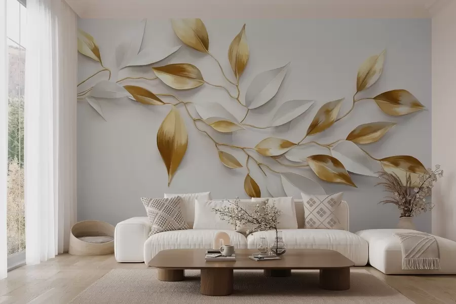 Fototapete Gelbe und weiße Blätter auf einem Zweig, elegantes Design, weißer Hintergrund, minimalistischer Stil, dekorative Kunst, naturinspiriert w09015