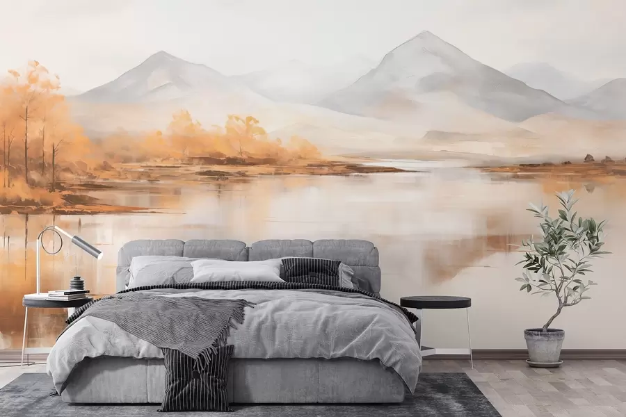 Fototapete Herbstlandschaft mit gelben Bäumen und einem Fluss vor einem Berghintergrund w09020