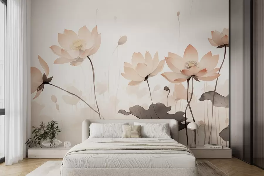 Fototapete Seerosen in zarten hellen Tönen im Aquarellstil w09035