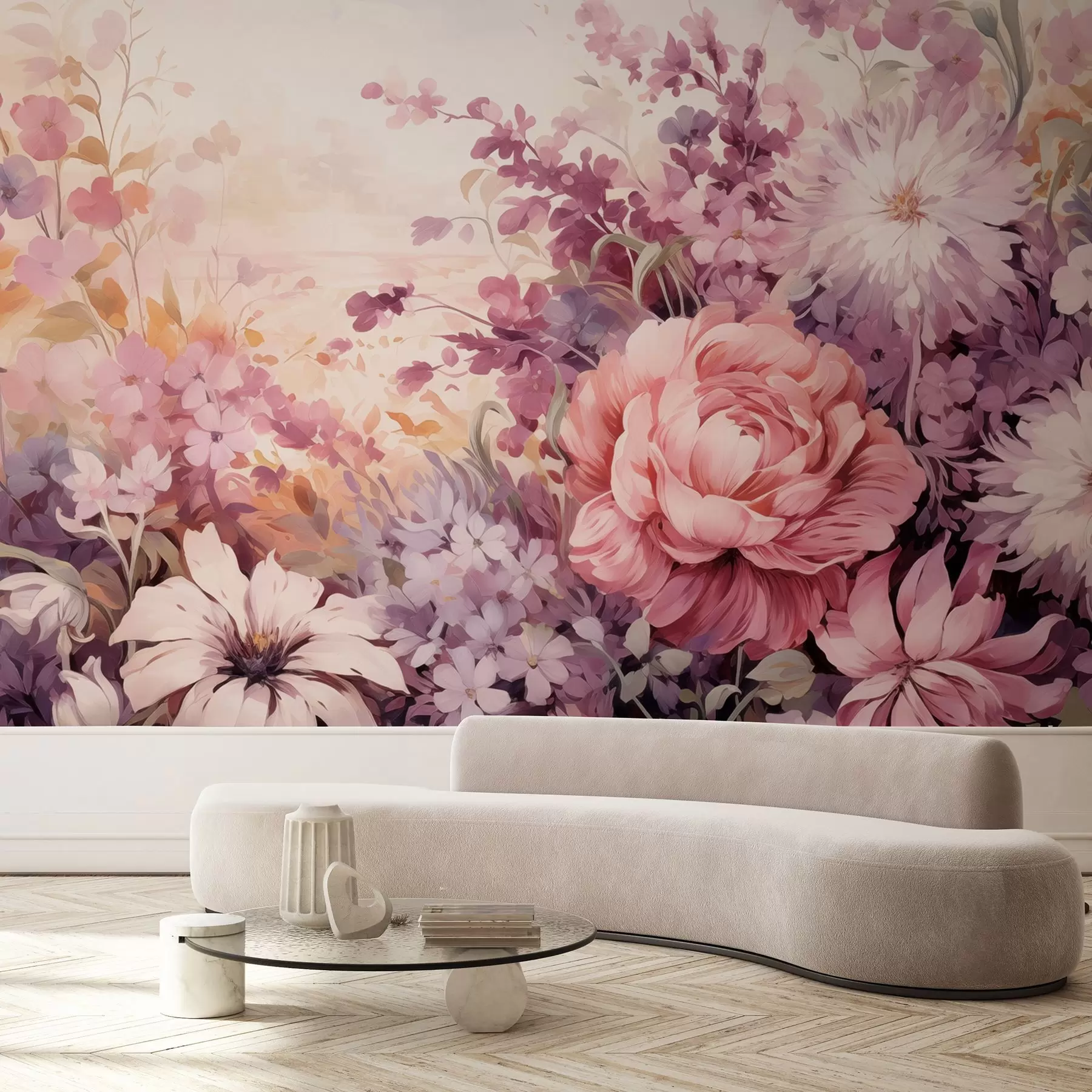 Fototapete Bunte Blumen in Rosa- und Lilatönen: Flieder, Pfingstrosen, Chrysanthemen w09039