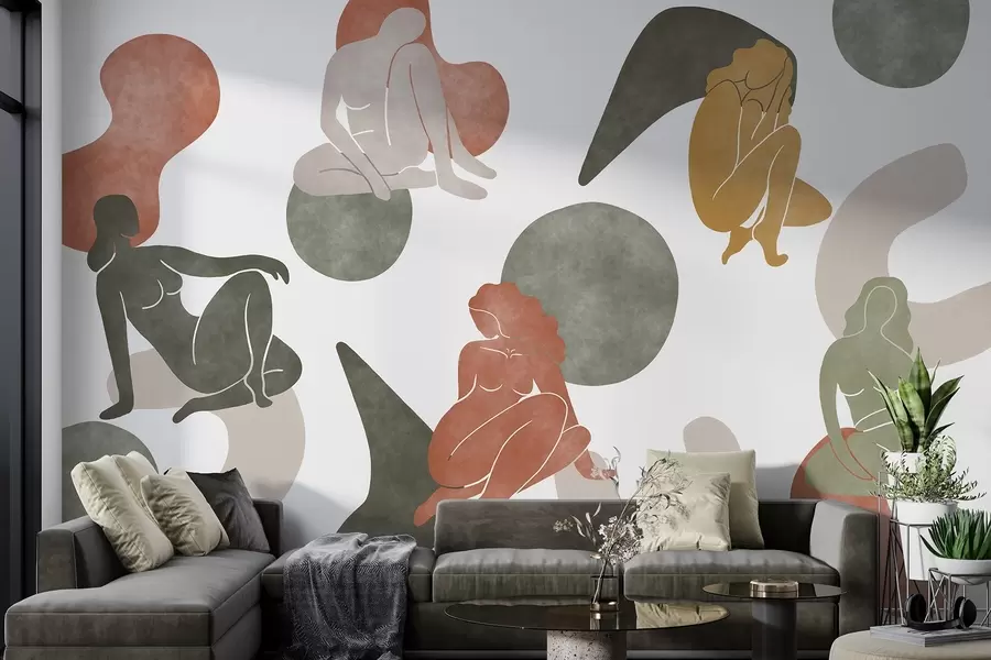 Fototapete Geometrische Abstraktionen mit weiblichen Silhouetten, Boho-Stil, braun, beige, grün w03753