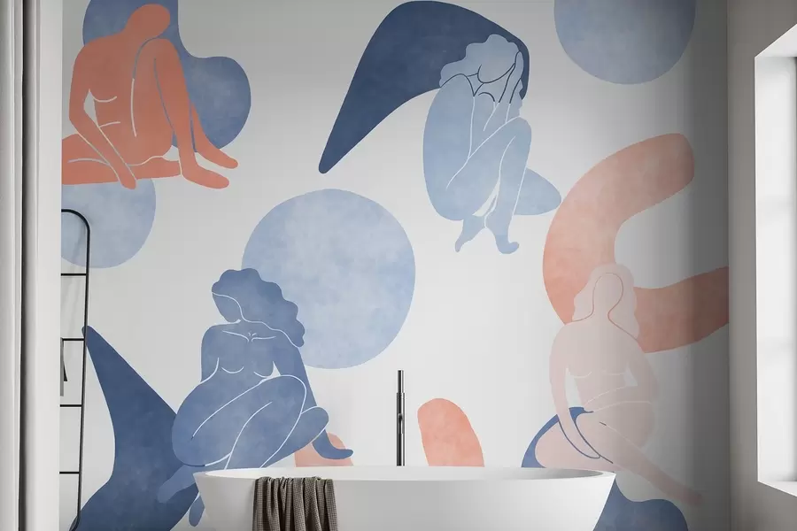 Fototapete Geometrische Abstraktionen mit weiblichen Silhouetten, Boho-Stil, blau, beige, rosa w03753v1