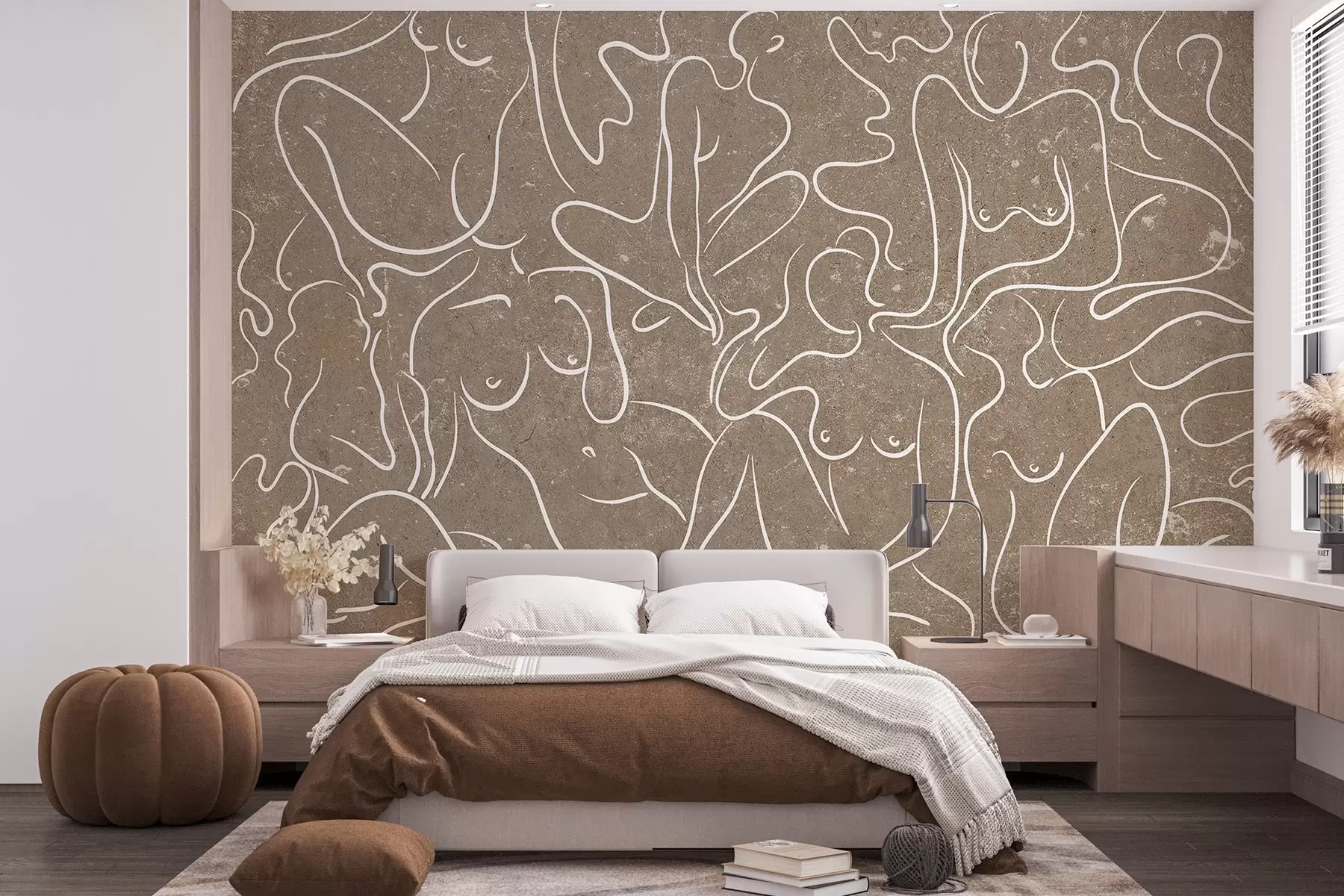 Fototapete Strichzeichnung anatomische Silhouetten, Abstraktion, beige Hintergrund  w03756