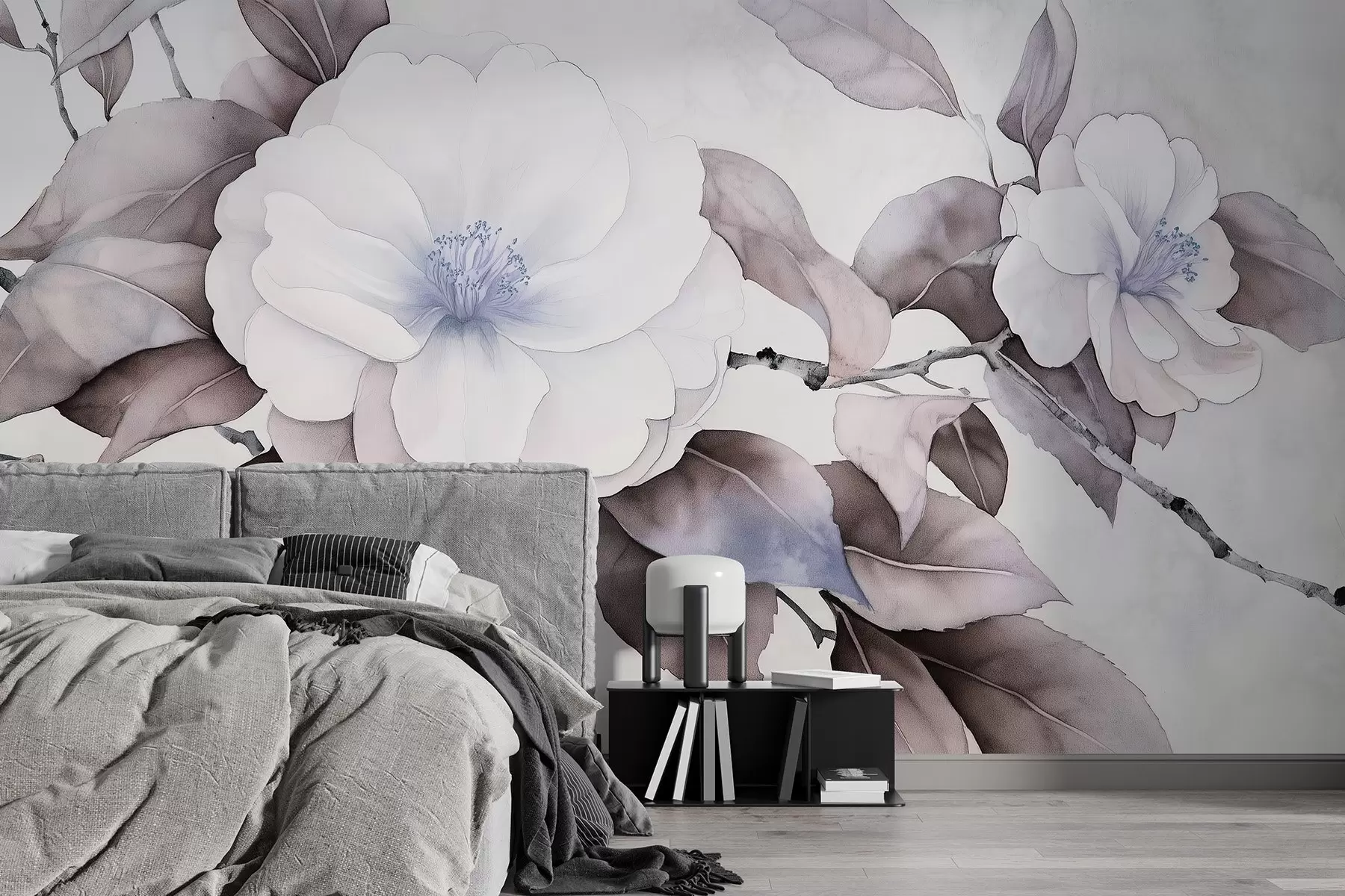 Fototapete Aquarell-Stil Kamelie Blumen auf dem Zweig, lila Farben w03761v1