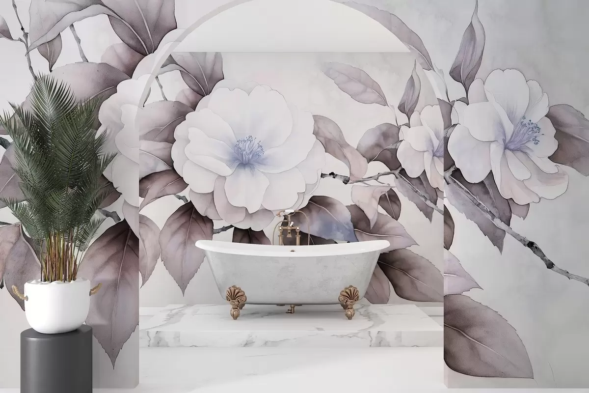 Fototapete Aquarell-Stil Kamelie Blumen auf dem Zweig, lila Farben w03761v1