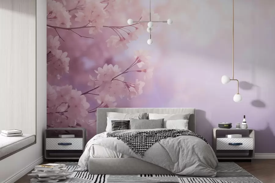 Fototapete Sakura-Zweige mit rosa Blüten auf pastellfarbenem Hintergrund w03804