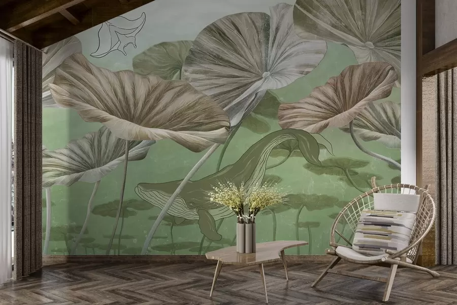 Fototapete Wal zwischen riesigen Lotusblumen in grünem Wasser w03807