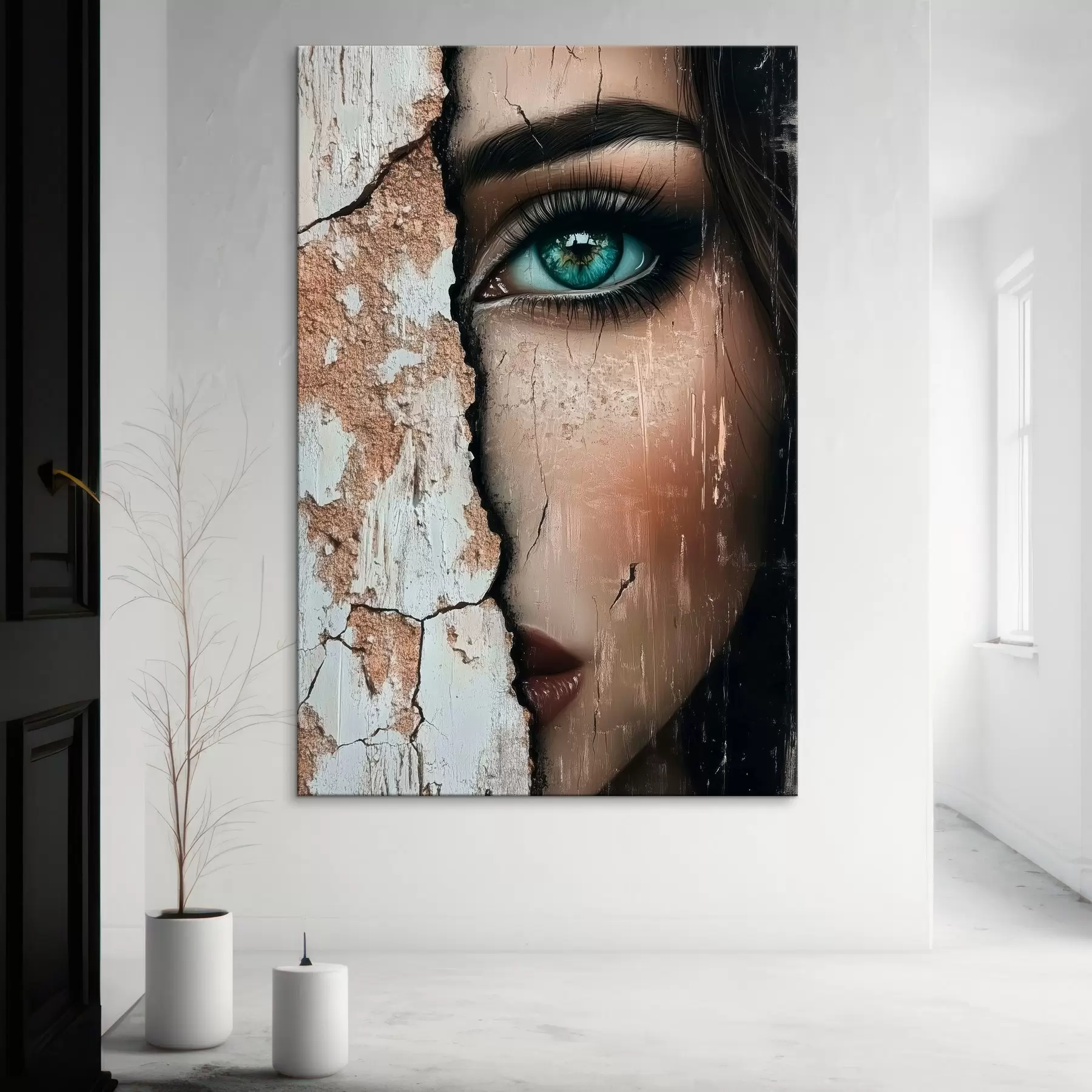 Fototapete Das Gesicht eines Mädchens hinter einer alten Mauer s44069