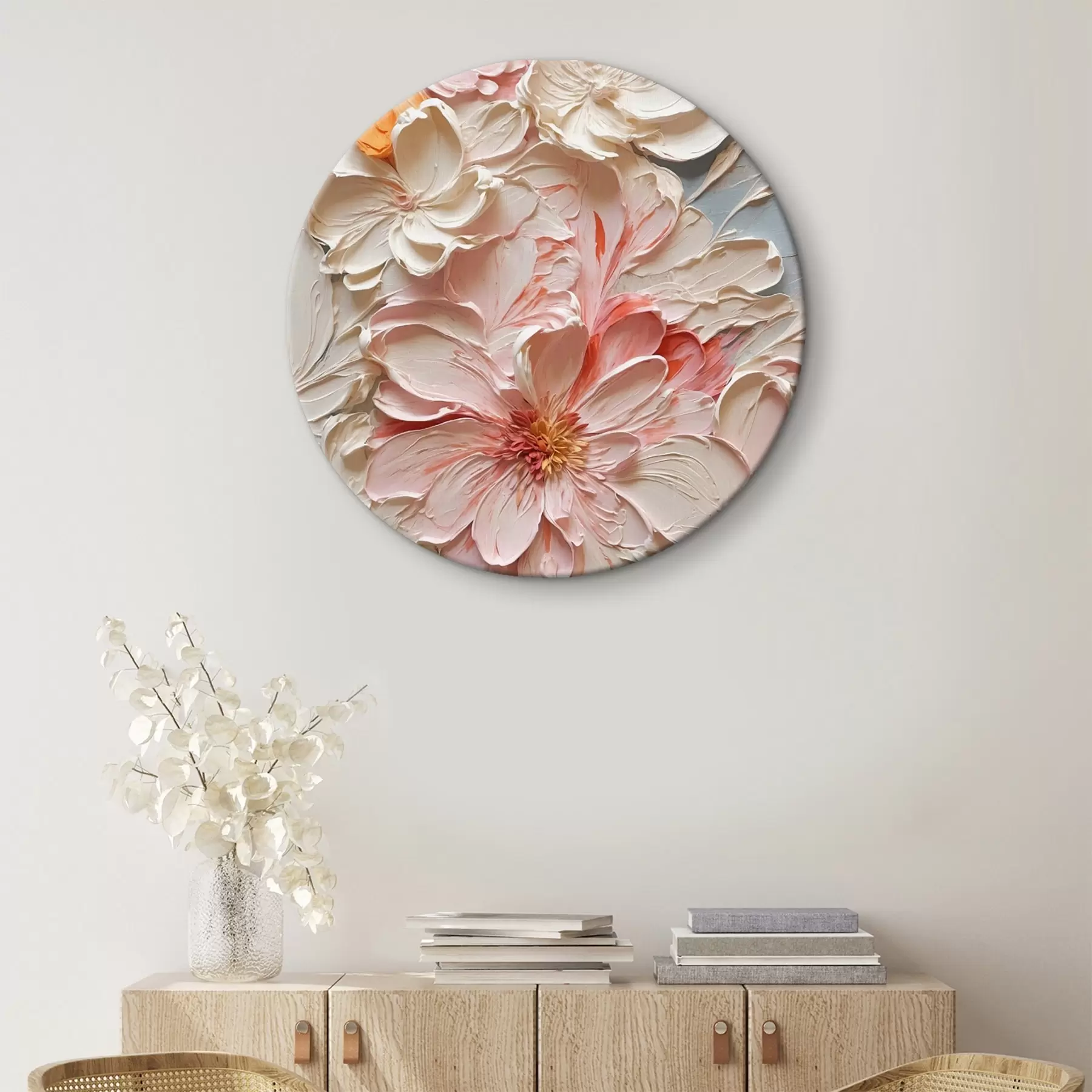 Fototapete Weiße und rosa Blumen auf blauem Hintergrund in Ölmalerei Stil r44074