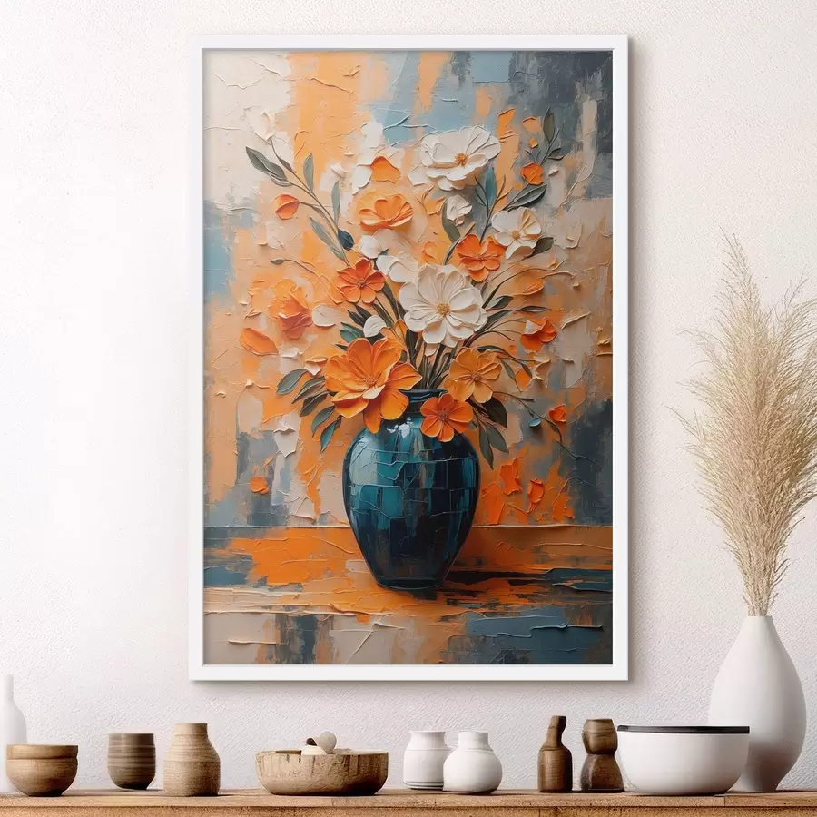 Fototapete Weiße und orangefarbene Blumen in einer Vase im Stil der Ölmalerei f44059