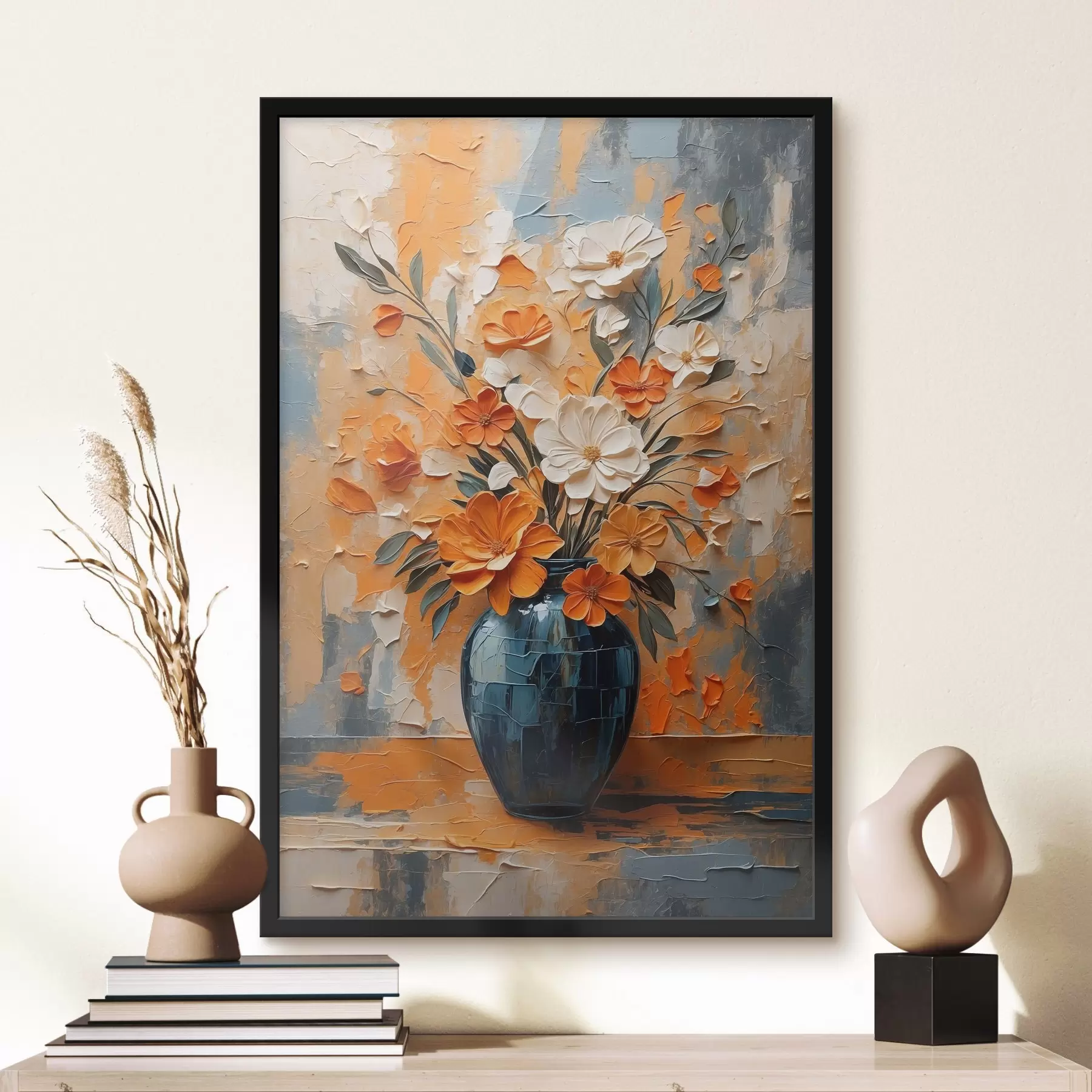 Fototapete Weiße und orangefarbene Blumen in einer Vase im Stil der Ölmalerei f44059 Fototapete Weiße und orangefarbene Blumen in einer Vase im Stil der Ölmalerei f44059