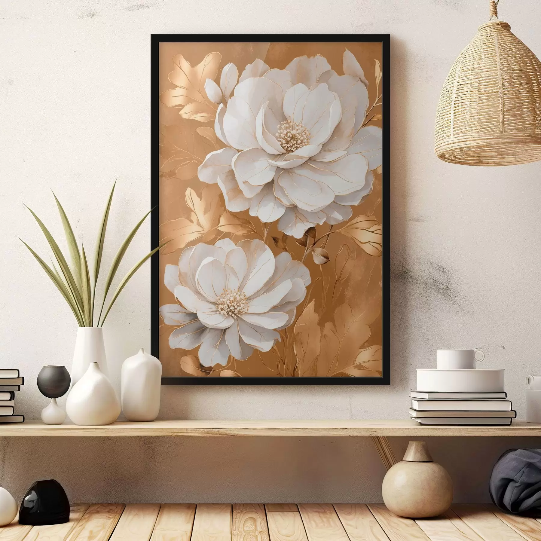 Fototapete Weiße Blumen auf gelbem Hintergrund f44067