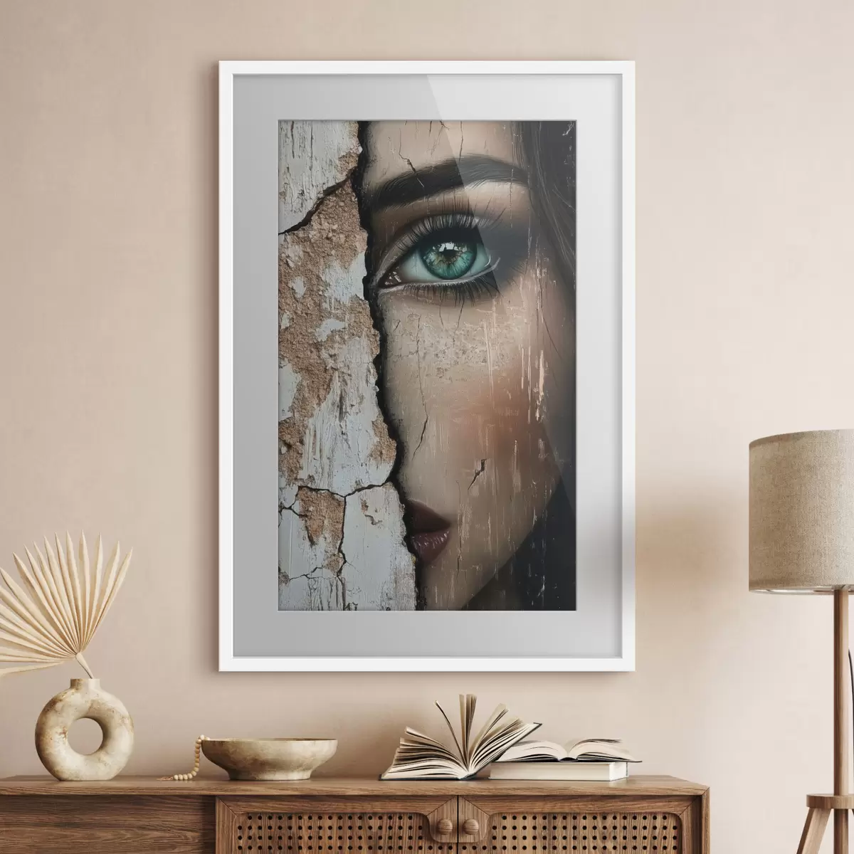 Poster Das Gesicht eines Mädchens hinter einer alten Mauer f44069