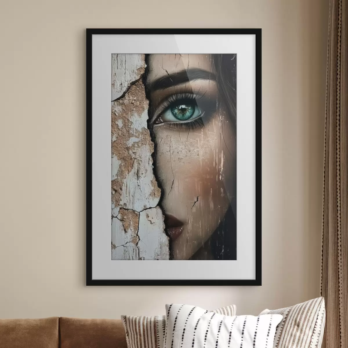 Poster Das Gesicht eines Mädchens hinter einer alten Mauer f44069