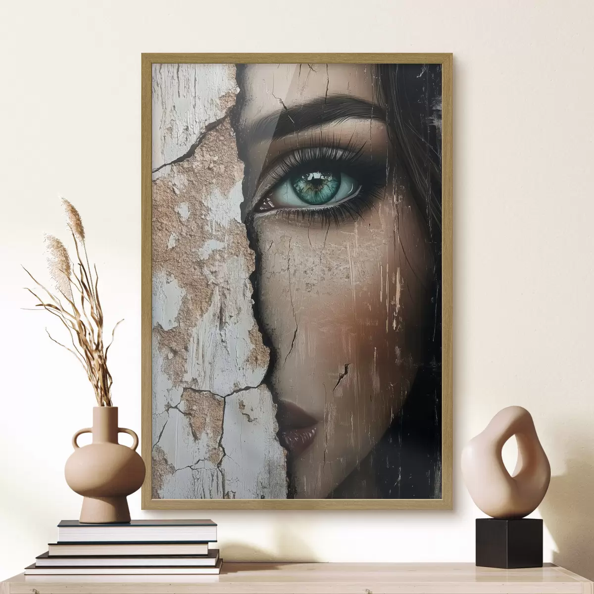 Poster Das Gesicht eines Mädchens hinter einer alten Mauer f44069