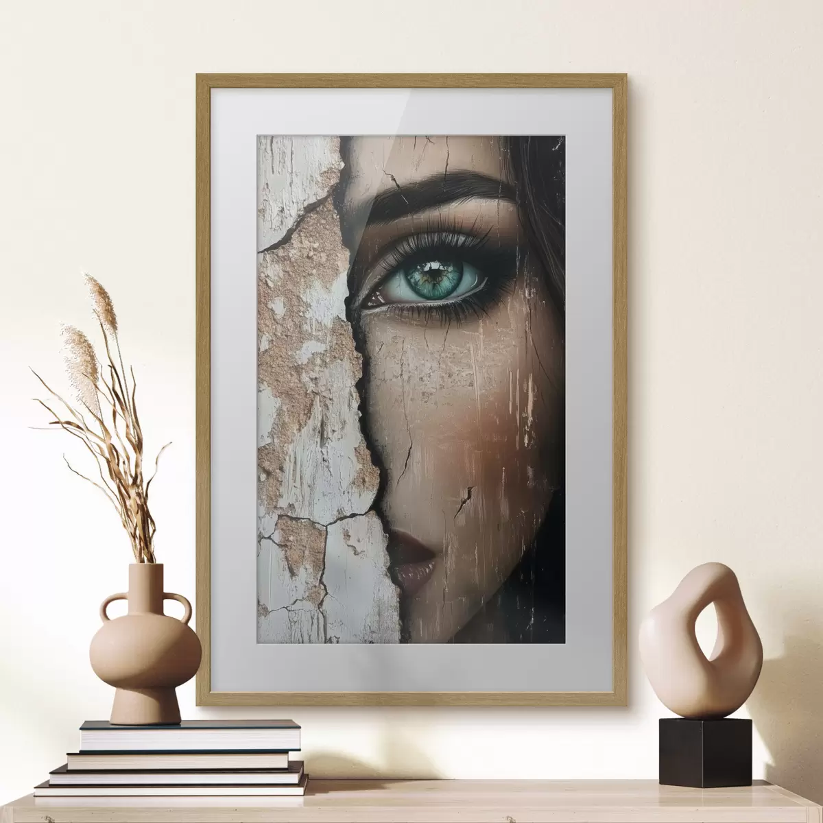 Poster Das Gesicht eines Mädchens hinter einer alten Mauer f44069