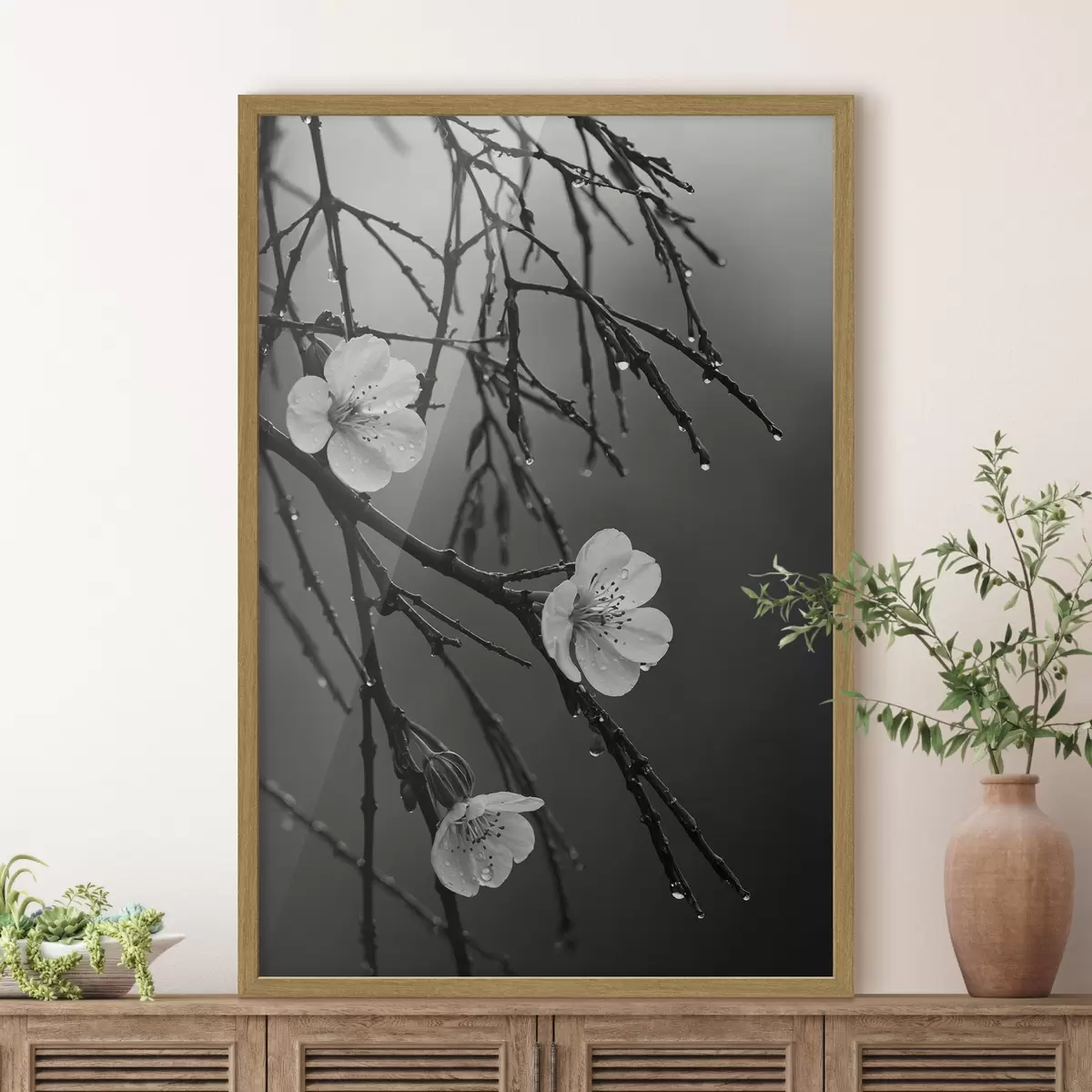 Poster Blumen auf den Zweigen nach dem Regen f44098