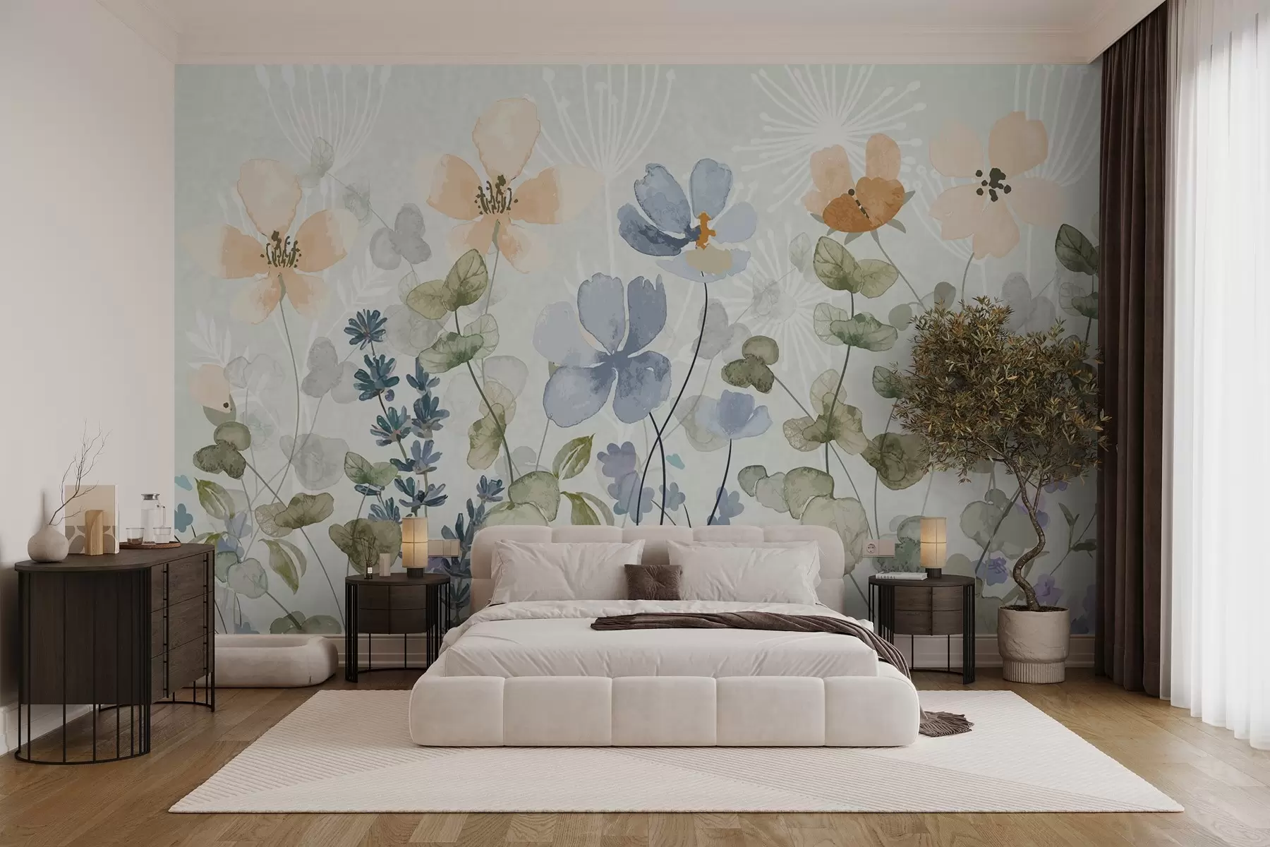 Fototapete Blumen und Pflanzen im Aquarellstil w03716