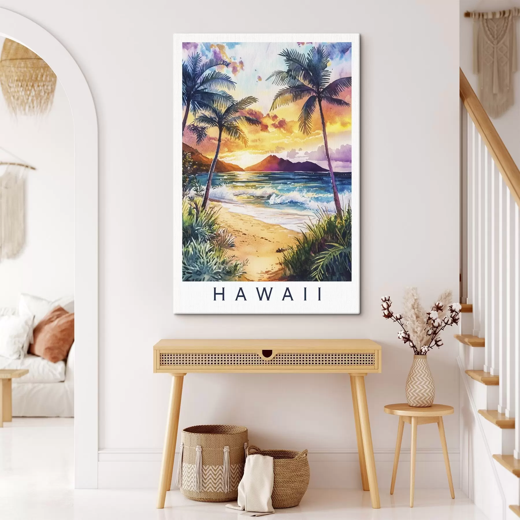 Fototapete Sonnenuntergang auf der Insel Hawaii, Palmen, Meer, bunten Himmel, Aquarell-Stil s44142