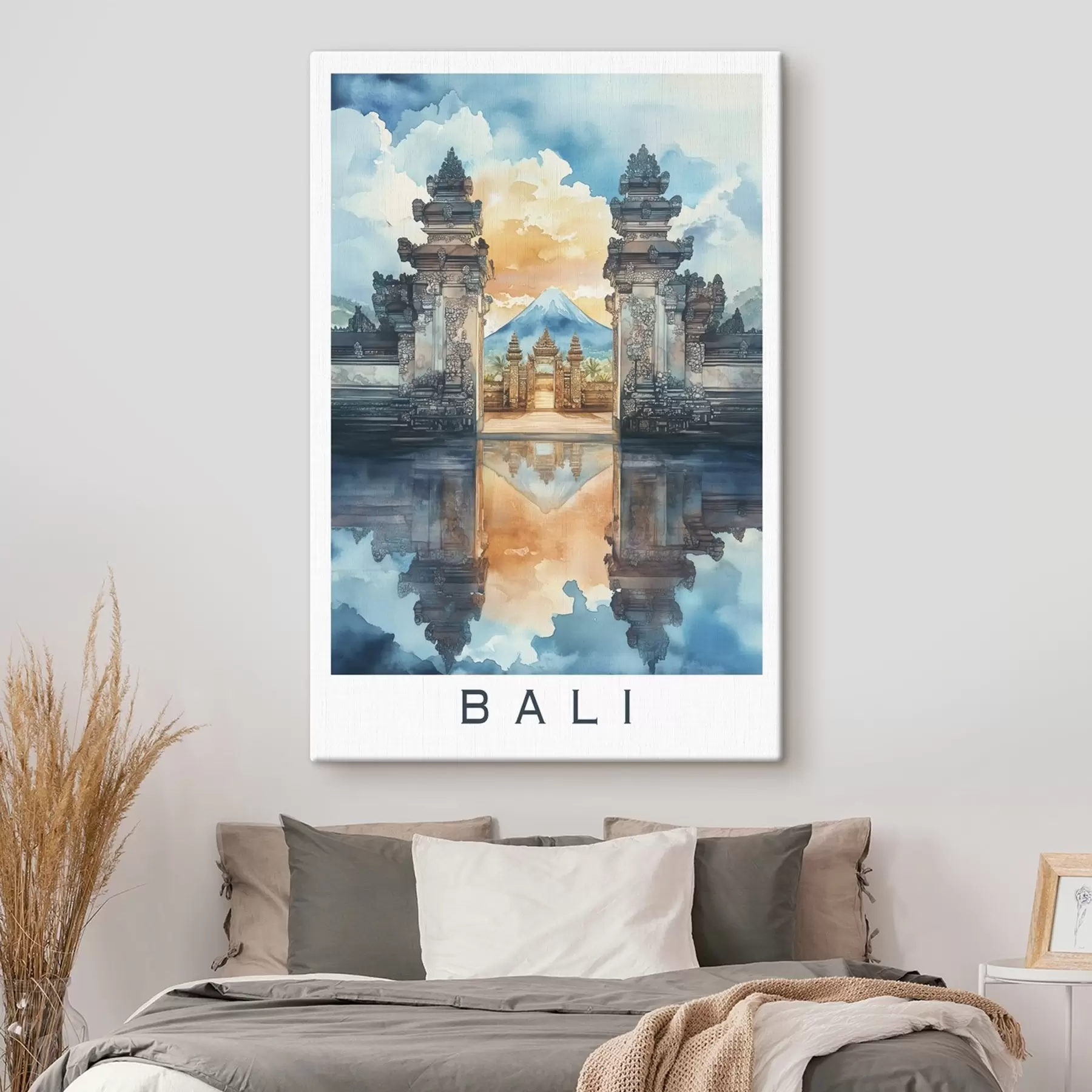 Fototapete Bali Ästhetik, Tempel, Sonnenuntergang Himmel, tropische Natur, Aquarell-Stil s44149