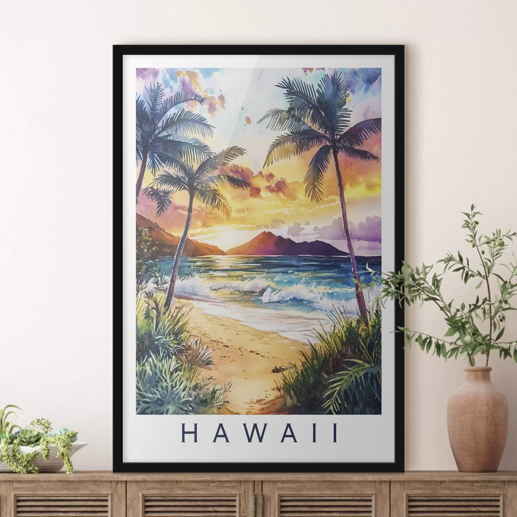 Fototapete Sonnenuntergang auf der Insel Hawaii, Palmen, Meer, bunten Himmel, Aquarell-Stil f44142
