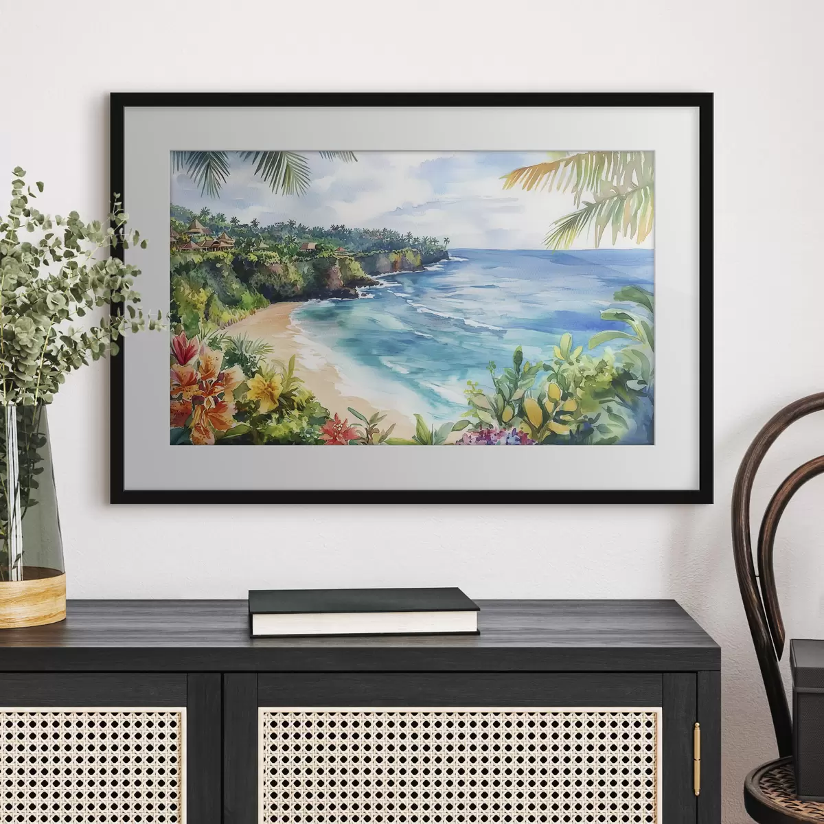 Poster Tropischer Meeresstrand, Palmen, Blumen, Aquarellstil f44145