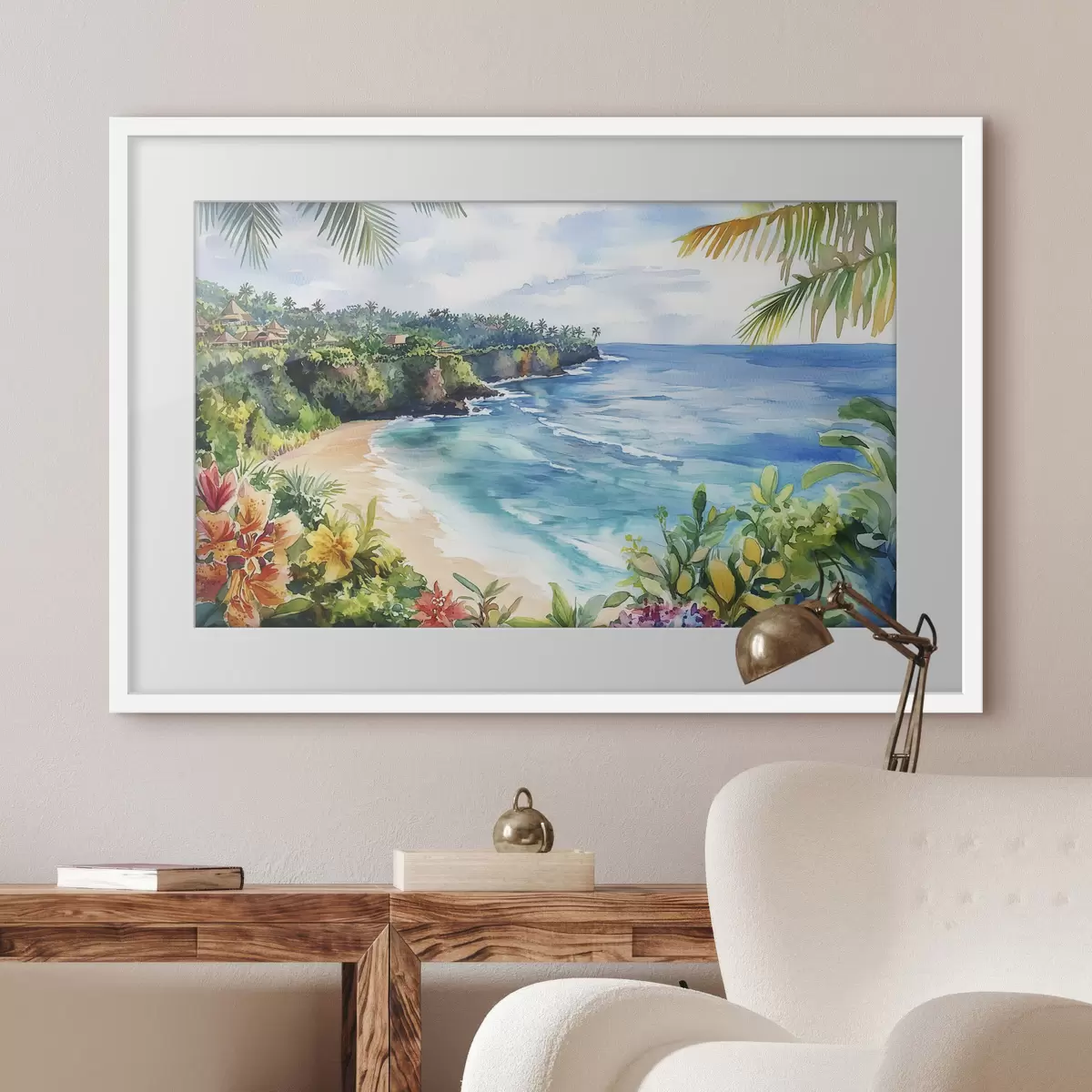 Poster Tropischer Meeresstrand, Palmen, Blumen, Aquarellstil f44145