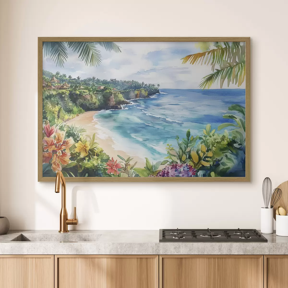 Poster Tropischer Meeresstrand, Palmen, Blumen, Aquarellstil f44145