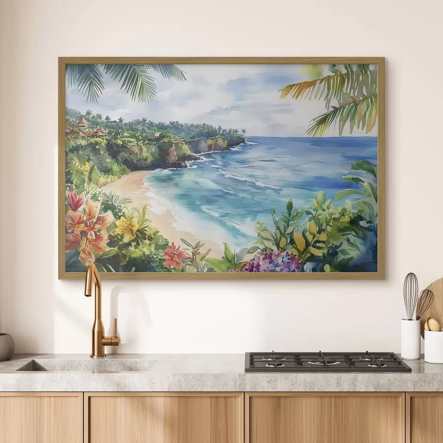 Fototapete Tropischer Meeresstrand, Palmen, Blumen, Aquarellstil f44145