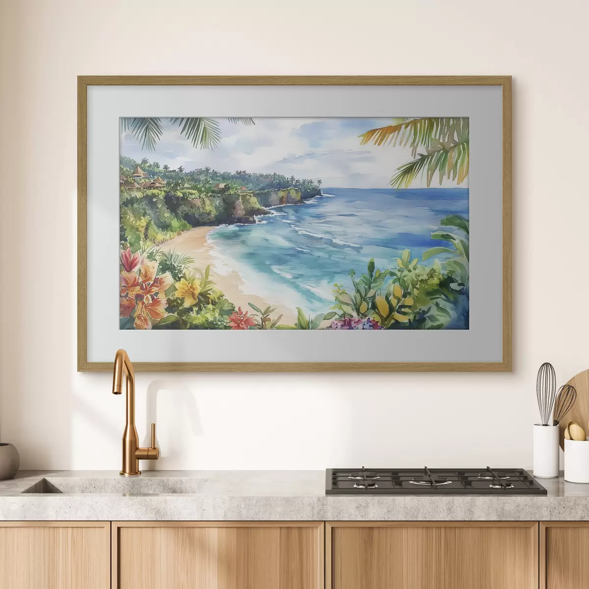 Poster Tropischer Meeresstrand, Palmen, Blumen, Aquarellstil f44145