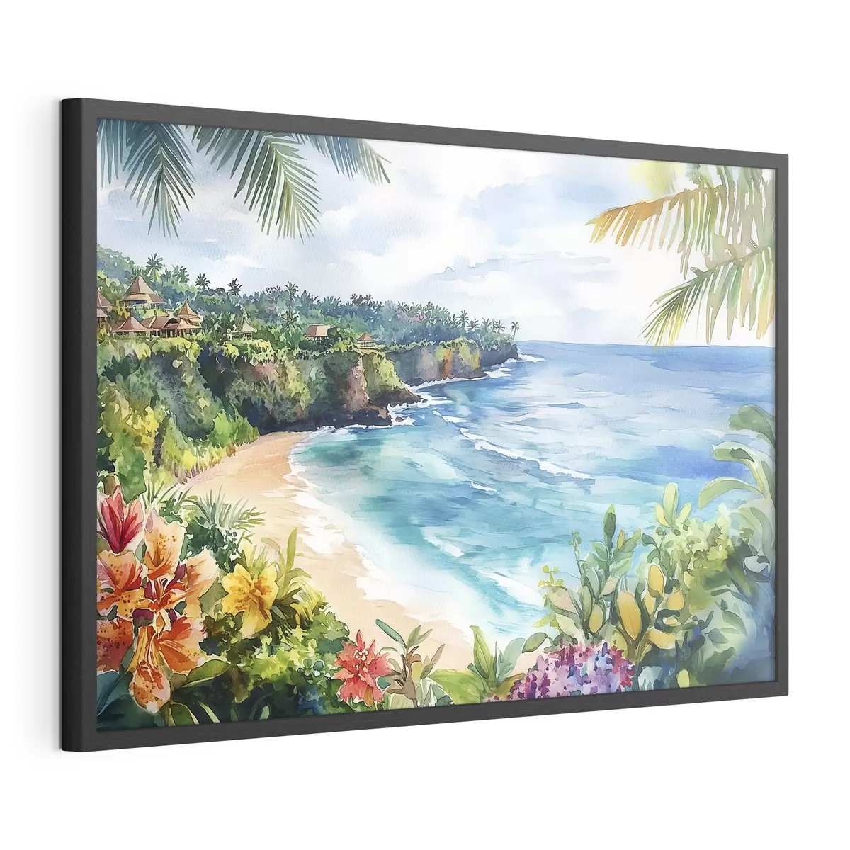 Poster Tropischer Meeresstrand, Palmen, Blumen, Aquarellstil f44145