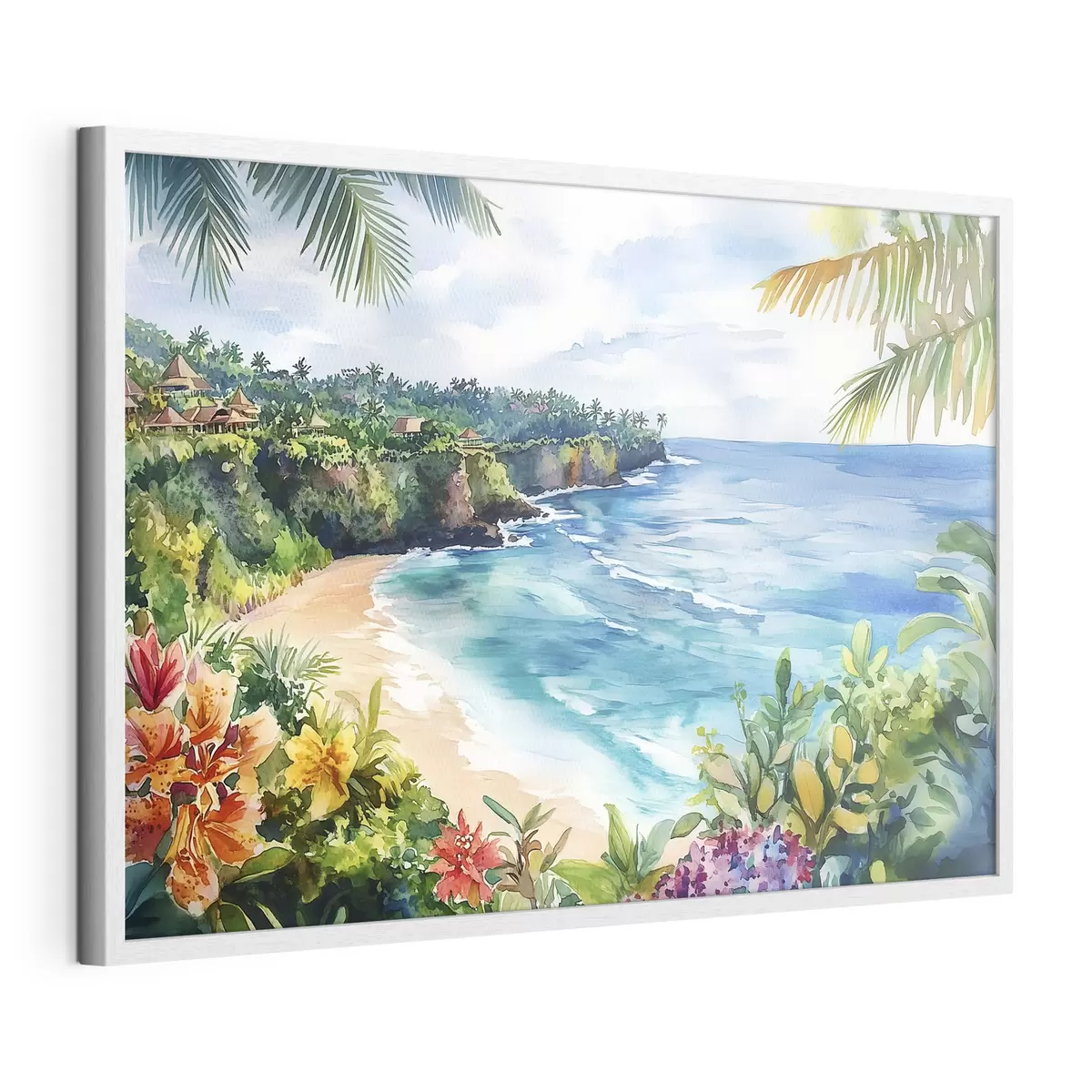 Poster Tropischer Meeresstrand, Palmen, Blumen, Aquarellstil f44145