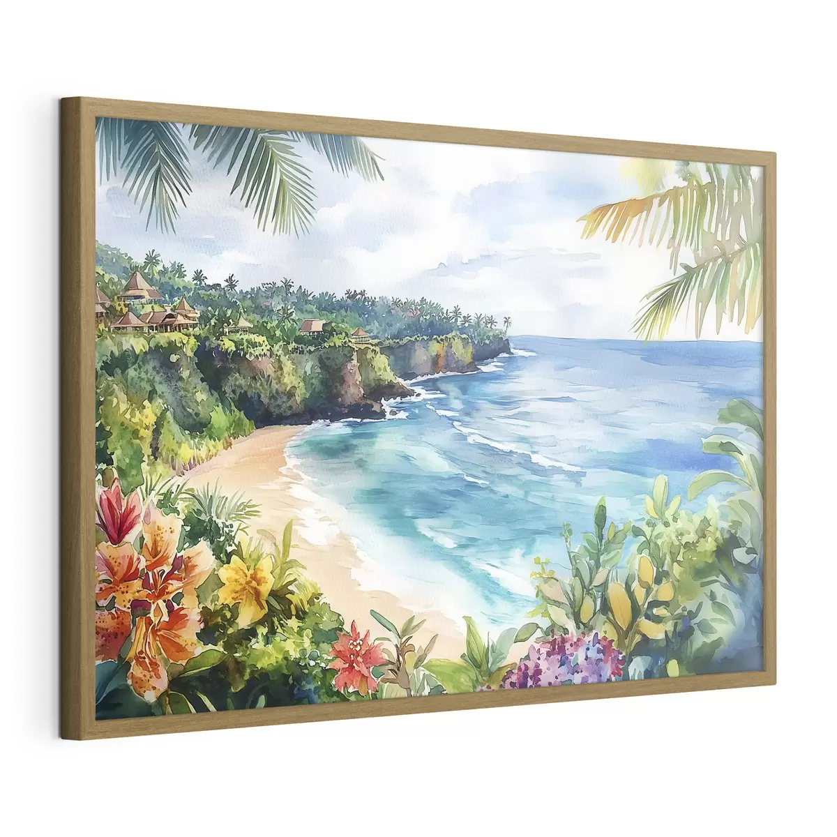 Poster Tropischer Meeresstrand, Palmen, Blumen, Aquarellstil f44145