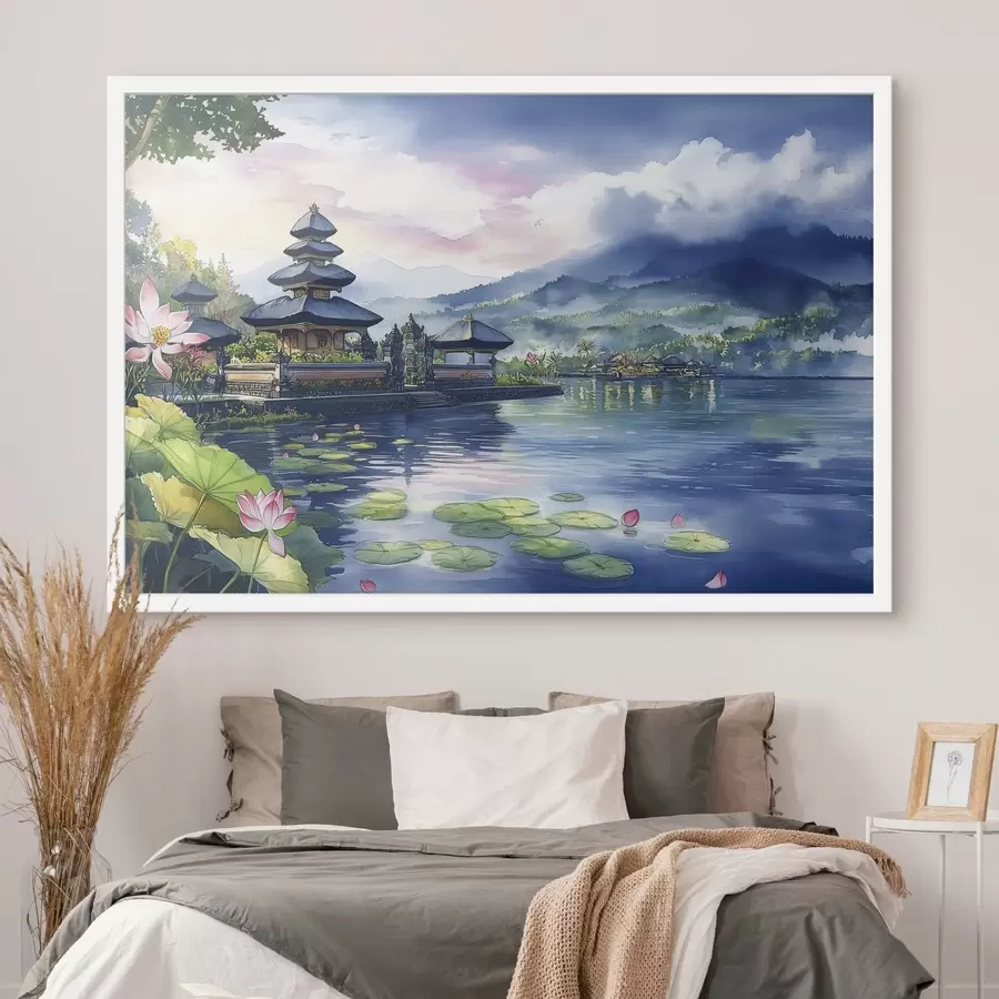 Fototapete Indonesische Insel, Tempel, Buddhismus, tropische Natur, Aquarellstil f44148