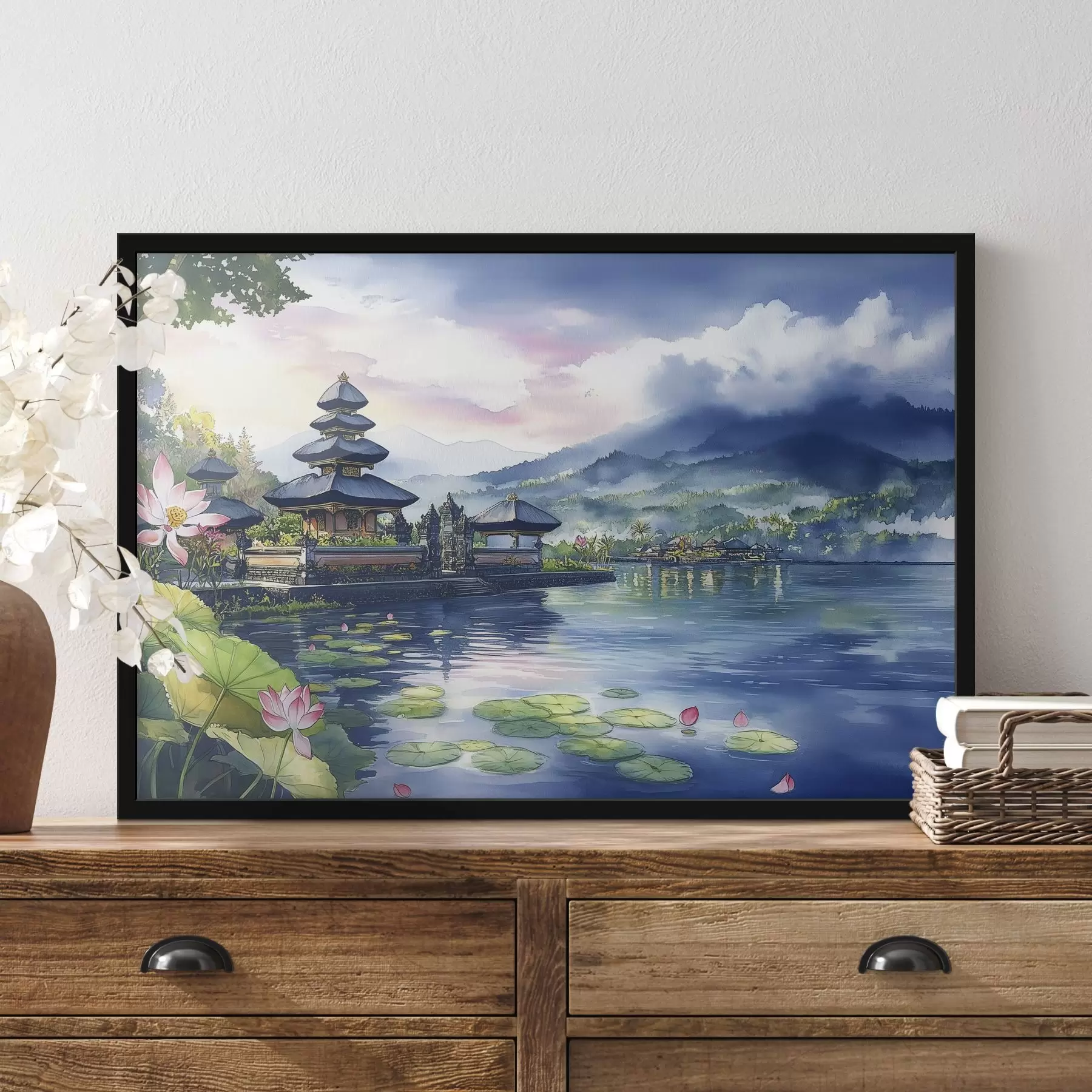Fototapete Indonesische Insel, Tempel, Buddhismus, tropische Natur, Aquarellstil f44148