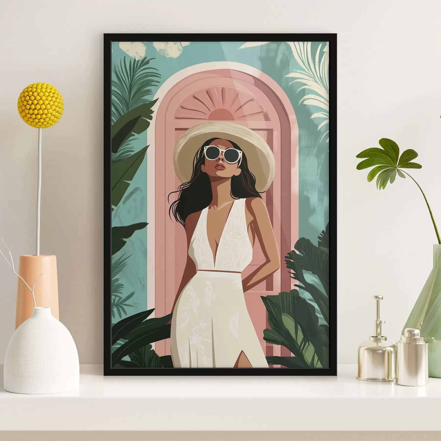 Fototapete Frau mit Sonnenbrille und Hut, tropische Natur, Architektur f44152