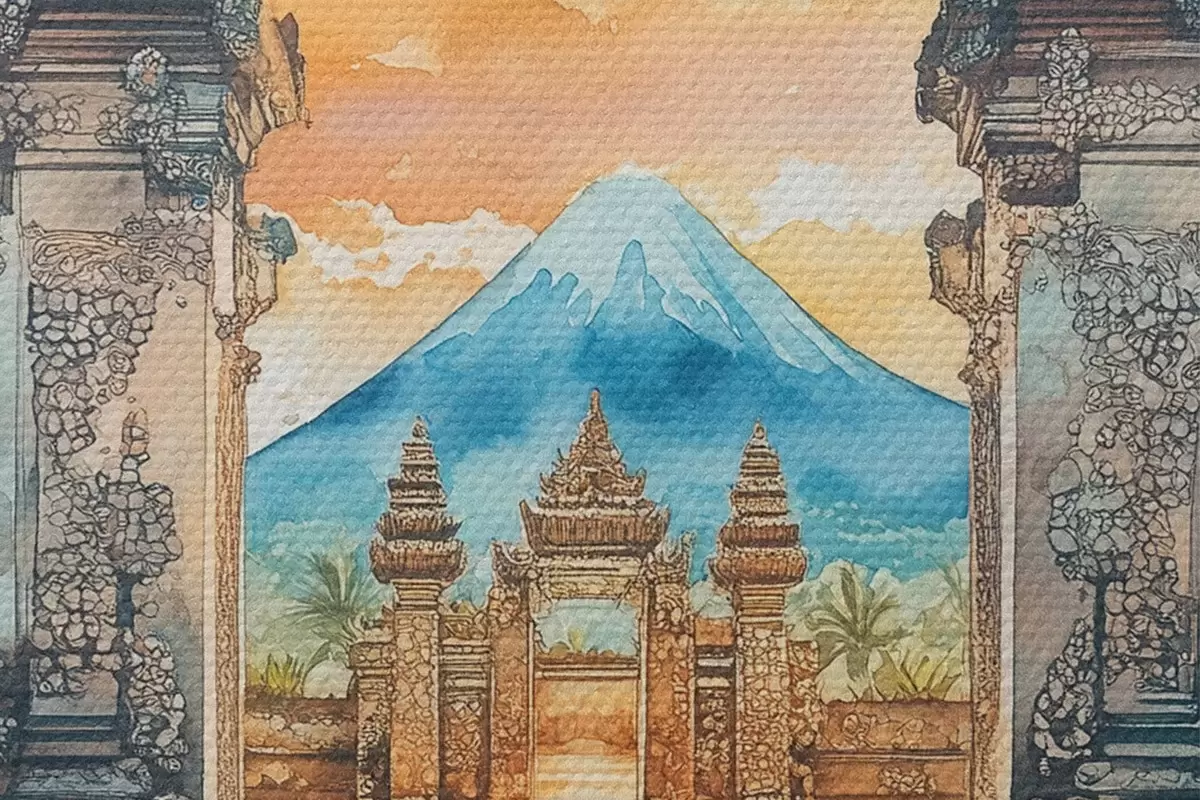 Runde Wandbilder Bali Ästhetik, Tempel, Sonnenuntergang Himmel, tropische Natur, Aquarell-Stil r44149